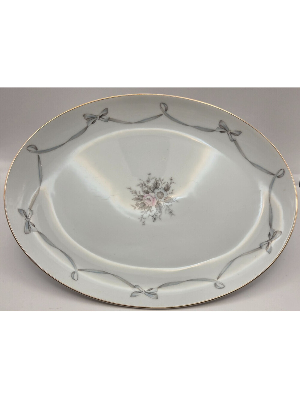 Vintage Cotillion Fine China Oval Serving Platter Gray Ribbon Bows Floral Japan
